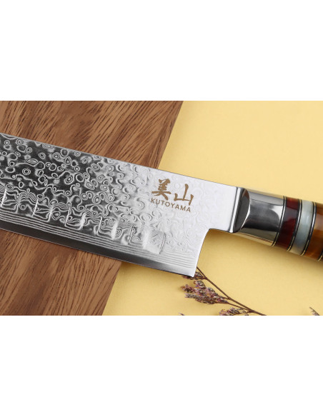Kutoyama 17cm with granton edge santoku knife with pakka handle and acrylic rings