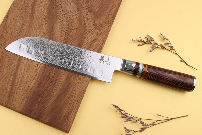 Kutoyama 17cm with granton edge santoku knife with pakka handle and acrylic rings