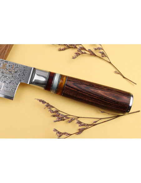Kutoyama 17cm with granton edge santoku knife with pakka handle and acrylic rings