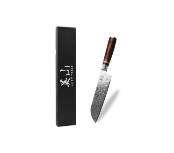 faca santoku Kutoyama 17cm com convinhas damasco, cabo pakka e anéis acrílicos