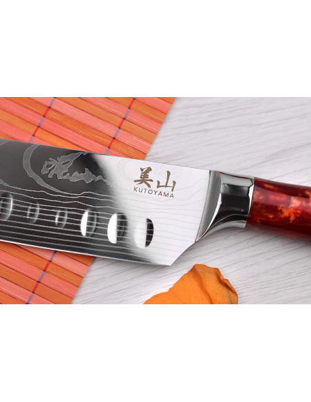 con borde granton Cuchillo santoku Kutoyama Red Flame 17cm