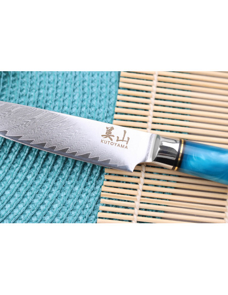 cuchillo universal Kutoyama Damasco 12cm con mango de resina azul