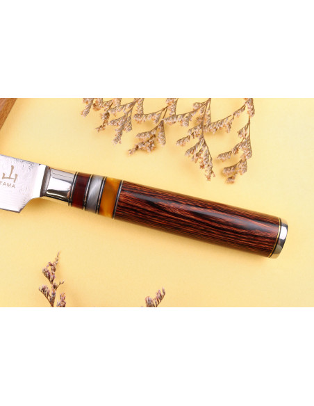 13 cm Kutoyama damaskus universalkniv med pakkahåndtag og akrylringe