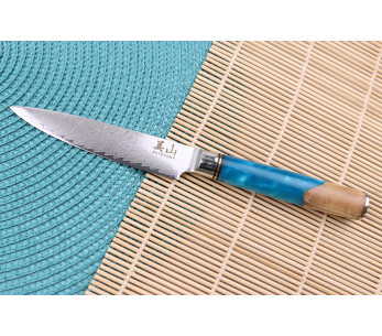 Juego de 2 cuchillos Damasco Kutoyama, mango de resina azul, chef + universal 2