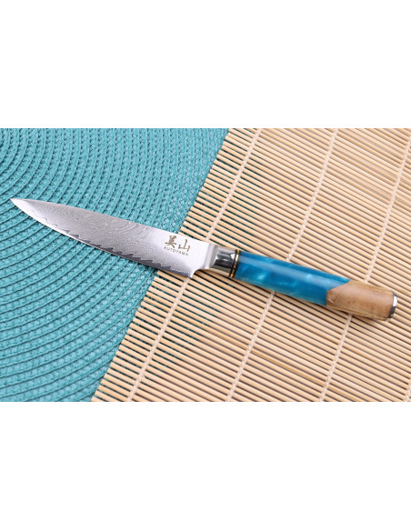 Conjunto de 2 facas Kutoyama Damascus, cabo de resina azul, de chefe + universal