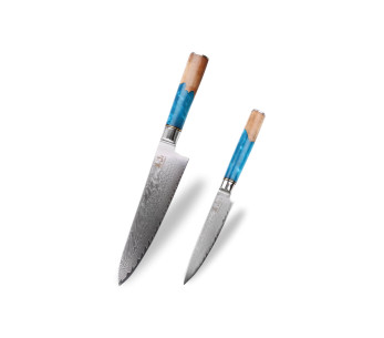 Juego de 2 cuchillos Damasco Kutoyama, mango de resina azul, chef + universal