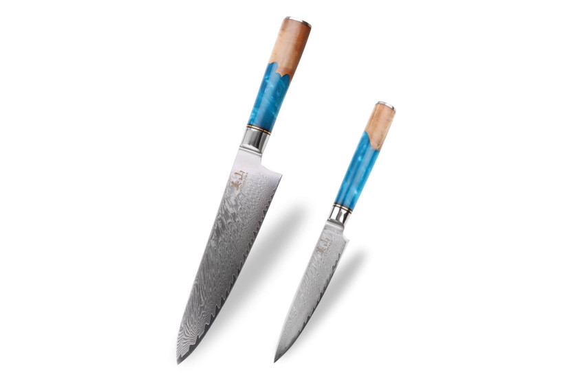 Conjunto de 2 facas Kutoyama Damascus, cabo de resina azul, de chefe + universal