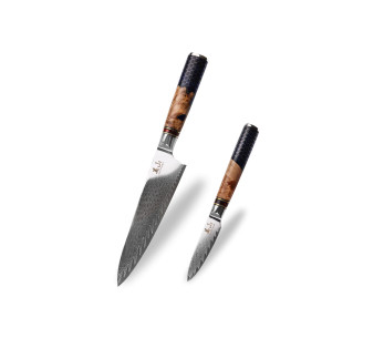 Sett med 2 Kutoyama Damascus honeycomb Chef + Paring kniver