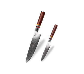 2 kpl Kutoyama Damascus -veitset pakka-kahvoilla ja akryylirenkailla kokki + yleiskäyttöinen veitsisarja