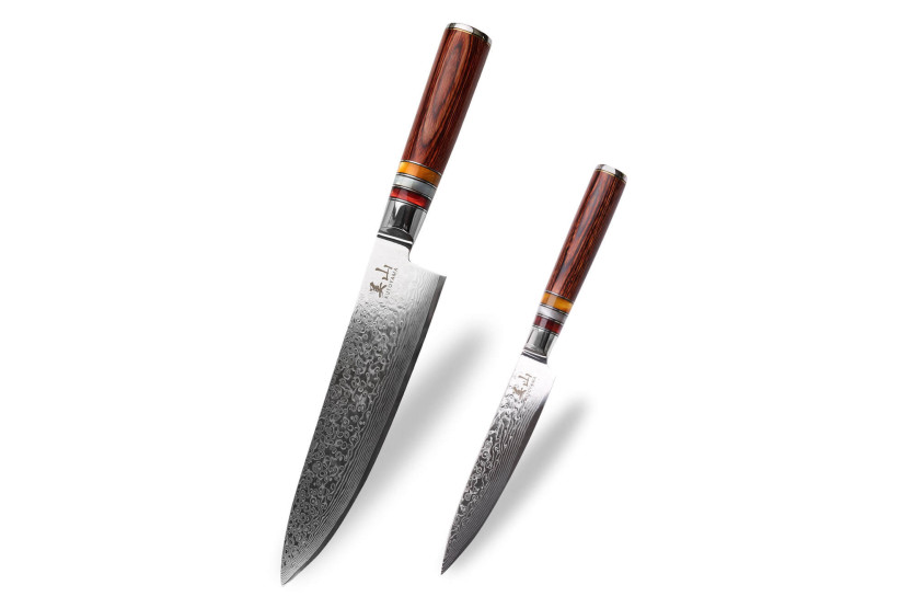 Sett med 2 Kutoyama Damaskus-kniver med pakkahåndtak og akrylringer kokk + universal