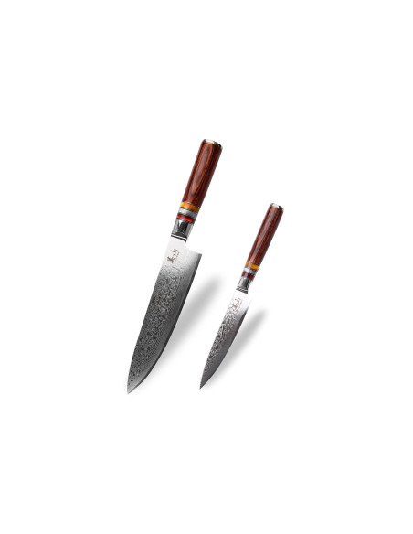 Set of 2 Kutoyama Damascus knives with pakka handles and acrylic rings chef + universal