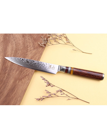 Set of 2 Kutoyama Damascus knives with pakka handles and acrylic rings chef + universal