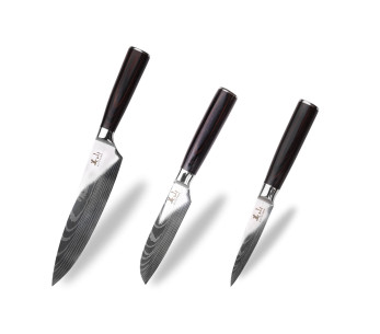 Set med 3 Kutoyama Black Pakka kontor + liten santoku + kockknivar