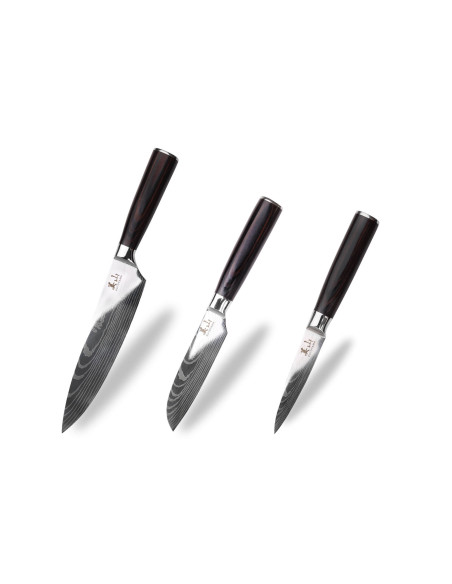 Kutoyama Black Pakka Officemesser 3er-Set + kleines Santoku + Koch