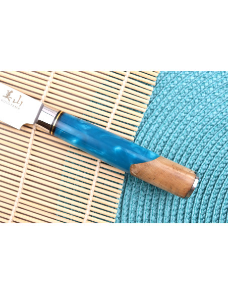 Set bestehend aus 3 Kutoyama Damastmessern mit Griffen aus blauem Kunstharz Kochmesser + Universalmesser + Officemesser