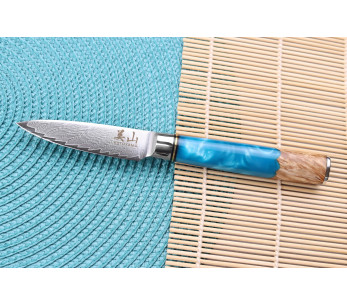 Conjunto de 3 facas de damasco Kutoyama com cabos de resina azul Chef + Utilitária + Aparar 2