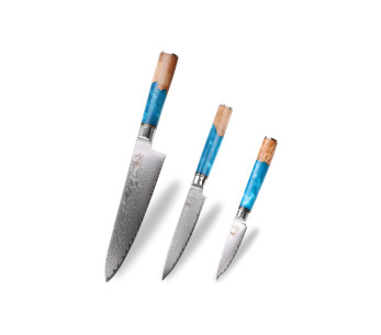 Set di 3 coltelli Kutoyama in damasco con manici in resina blu Chef + Universale + Spelucchino