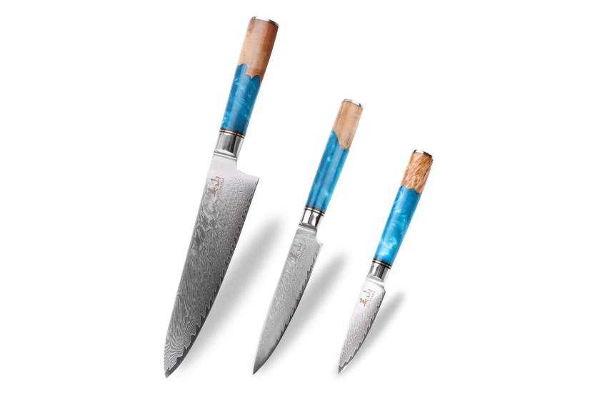 Set di 3 coltelli Kutoyama in damasco con manici in resina blu Chef + Universale + Spelucchino