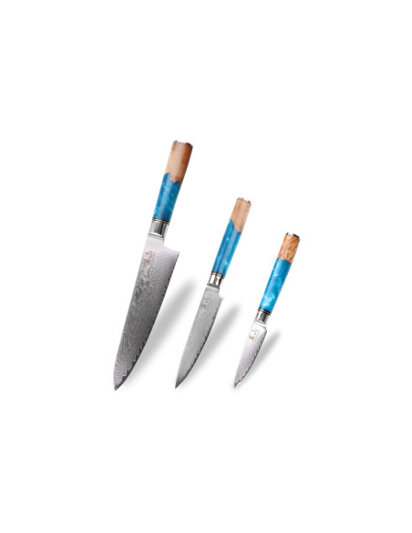Set van 3 Kutoyama damascus messen met blauwe hars handvatten Chef + Utility + Paring