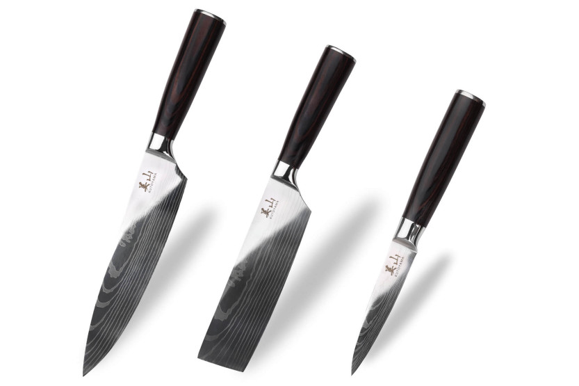Conjunto de 3 facas de cozinha Kutoyama Pakka office + nakiri + chef