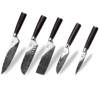 Sett med 5 Kutoyama Black Pakka 1 kontor + 2 santoku + 1 nakiri + 1 kokkekniver