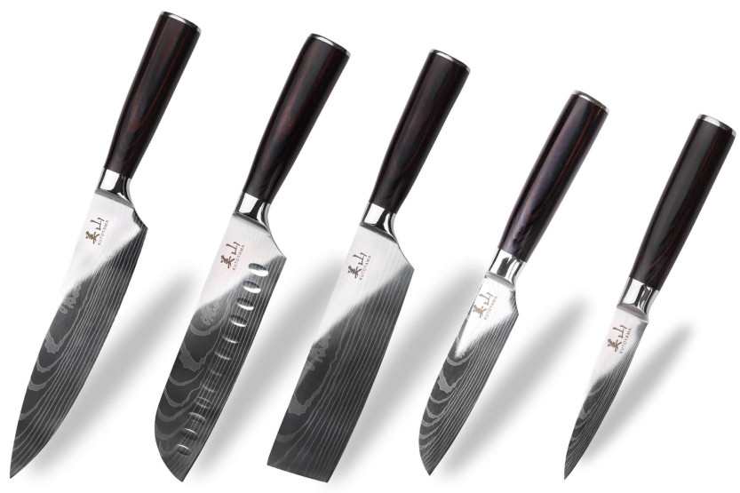 Set di 5 coltelli Kutoyama Black Pakka 1 da ufficio + 2 santoku + 1 nakiri + 1 da chef