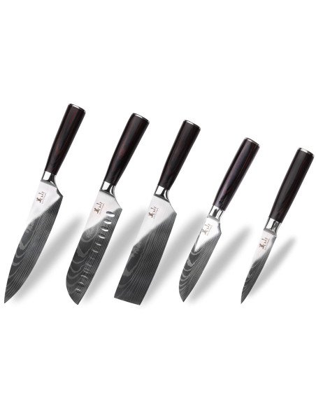 Conjunto de 5 facas Kutoyama Black Pakka 1 de escritório + 2 santoku + 1 nakiri + 1 de chefe