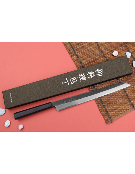 Faca japonesa yanagiba kiritsuke Hatsukokoro Shirasagi 30cm feita à mão com cabo de ébano