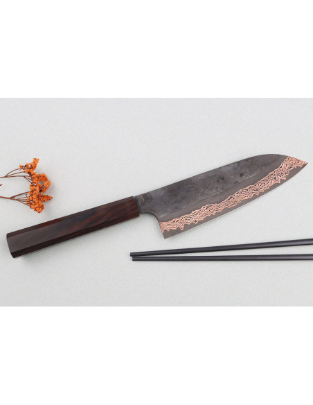 18cm Hatsukokoro Yorokobi Kurouchi Damascus santoku veitsi, japanilainen käsintehty