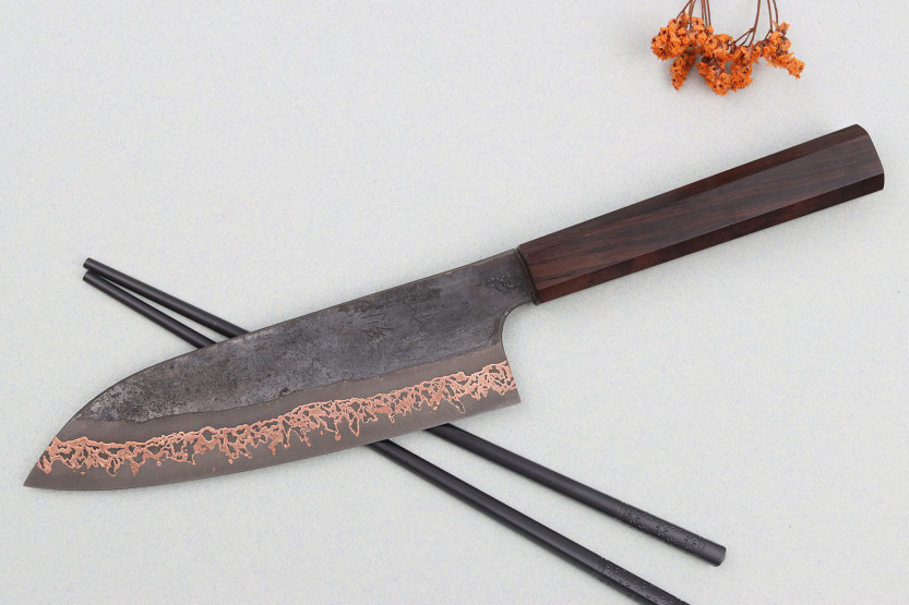 18cm Hatsukokoro Yorokobi Kurouchi Damascus santoku knife, japanese handmade