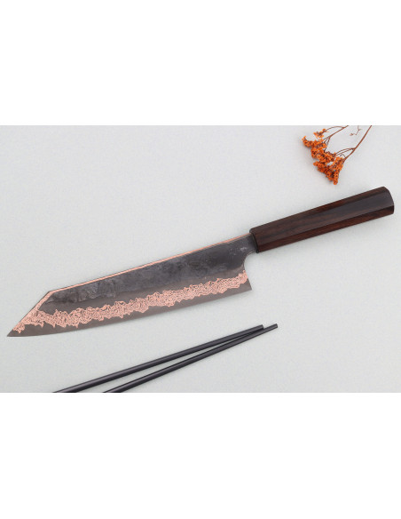 Hatsukokoro Yorokobi Kurouchi Coltello kiritsuke in damasco, 24 cm fatto a mano in Giappone