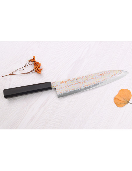Cuchillo de cocinero japonés Hatsukokoro Hayabusa Rainbow Damascus 21cm