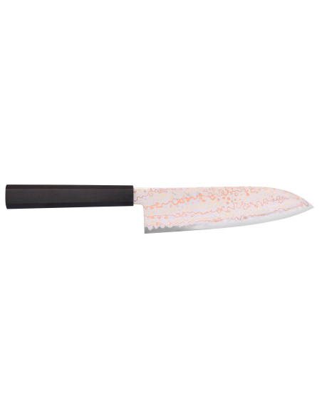 Faca santoku de 18cm Hatsukokoro Hayabusa Rainbow Damascus artesanal japonesa