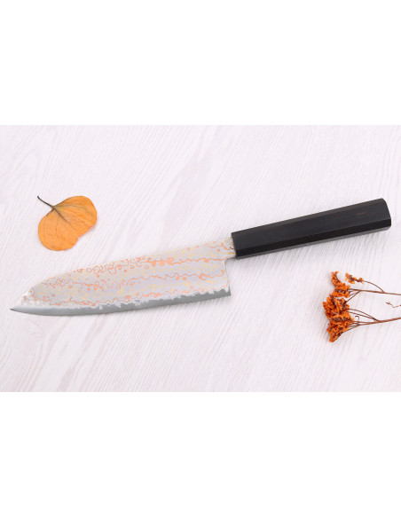 Faca santoku de 18cm Hatsukokoro Hayabusa Rainbow Damascus artesanal japonesa