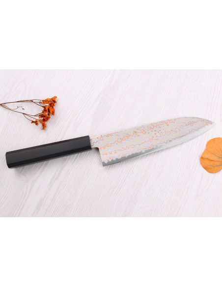 Faca santoku de 18cm Hatsukokoro Hayabusa Rainbow Damascus artesanal japonesa