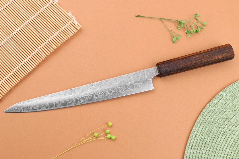 24cm Yuzo Damascus Tsuchime 440C sujihiki cuchillo japonés hecho a mano