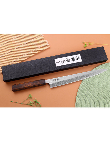 24cm Yuzo Damascus Tsuchime 440C sujihiki cuchillo japonés hecho a mano