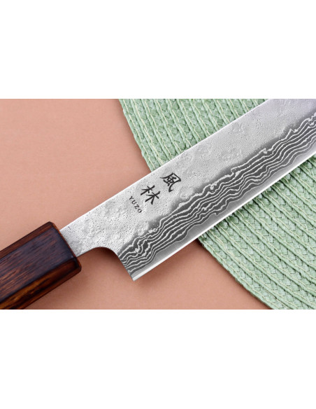 Faca artesanal japonesa Yuzo Damascus Tsuchime 440C sujihiki 24cm