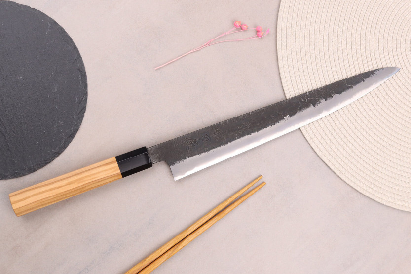 27 cm Hinoura Mutsumi Ajikataya Nero Nashiji Coltello sujihiki giapponese fatto a mano