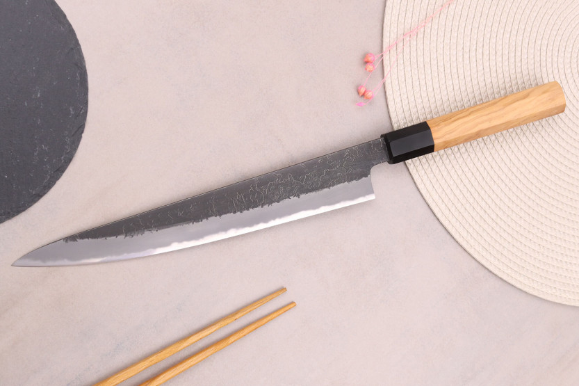 Hinoura Mutsumi Ajikataya Nero Nashiji 24cm coltello giapponese sujihiki fatto a mano