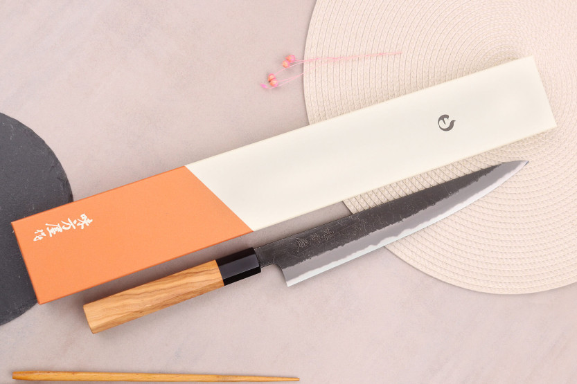 Sujihiki-Messer 24cm japanisch handgefertigt Hinoura Mutsumi Ajikataya Black Nashiji