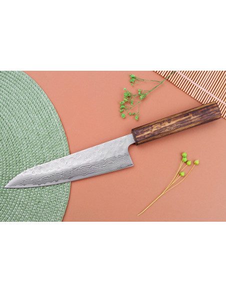 Coltello da chef tradizionale giapponese Yuzo Damascus Tsuchime 440C da 18 cm