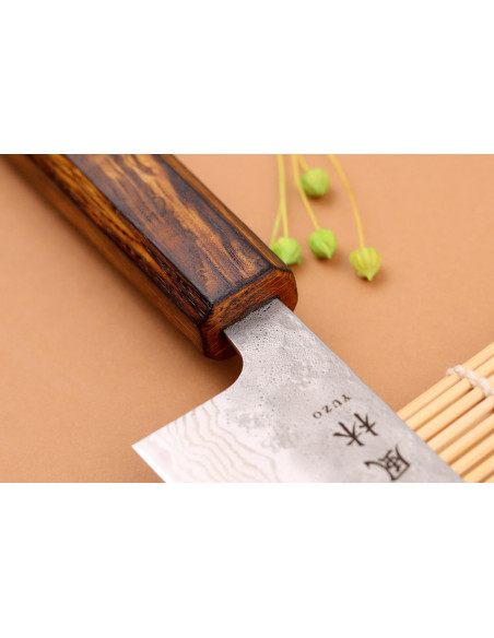 18cm Yuzo Damascus Tsuchime 440C handgemaakt Japans koksmes