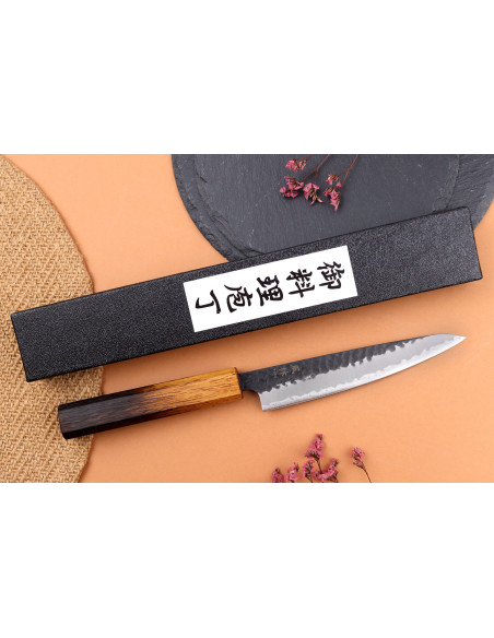 Faca utilitária japonesa Yuzo Black AS de carvalho queimado com 13,5 cm