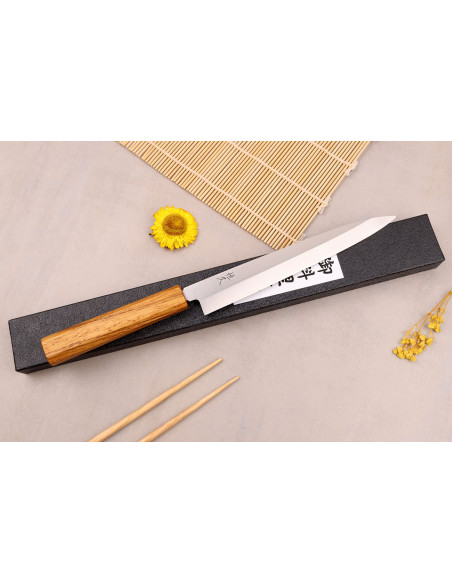 Cuchillo japonés yanagiba Tsunehisa AUS-8 21cm hecho a mano con mango de roble