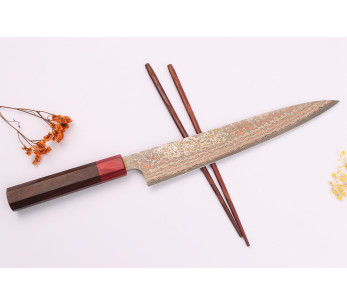 Takeshi Saji VG10 Rainbow Nashiji 24 cm japansk håndlaget sujihiki-kniv 2