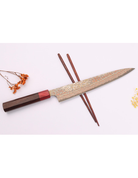 VG10 Rainbow Nashiji Takeshi Saji Faca sujihiki japonesa de 24 cm feita à mão