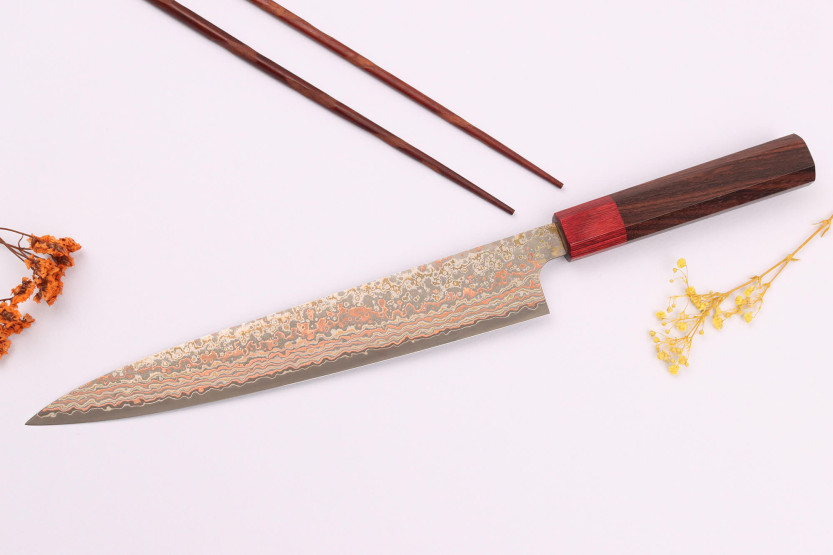 VG10 Rainbow Nashiji Takeshi Saji Faca sujihiki japonesa de 24 cm feita à mão