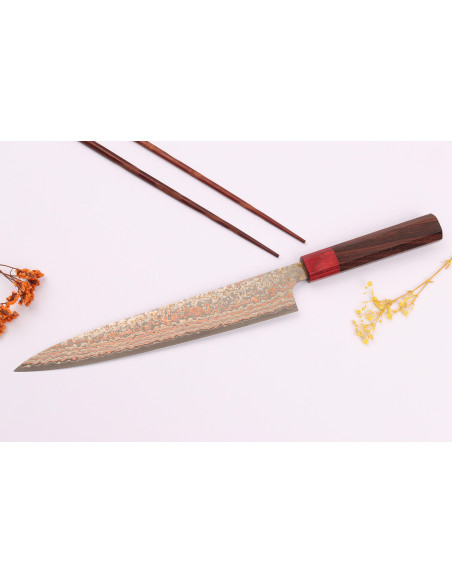 VG10 Rainbow Nashiji Takeshi Saji Faca sujihiki japonesa de 24 cm feita à mão