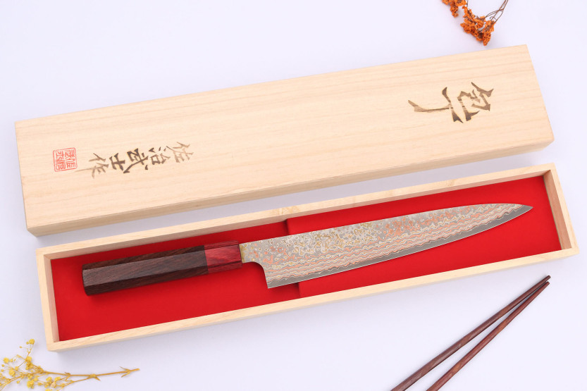 VG10 Rainbow Nashiji Takeshi Saji Faca sujihiki japonesa de 24 cm feita à mão